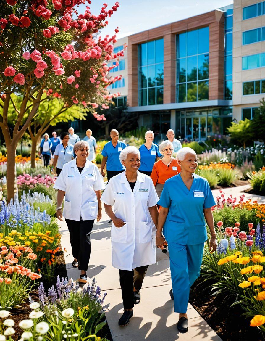 A serene landscape featuring a diverse group of cancer survivors engaging in joyful activities such as walking through a blooming garden with vibrant flowers, interspersed with symbols of modern oncology like DNA strands and molecular structures subtly incorporated into the scenery. The background showcases a futuristic hospital emitting soft light, symbolizing hope and innovation. The image conveys resilience and healing, embodying a sense of community and support. super-realistic. vibrant colors. peaceful atmosphere.