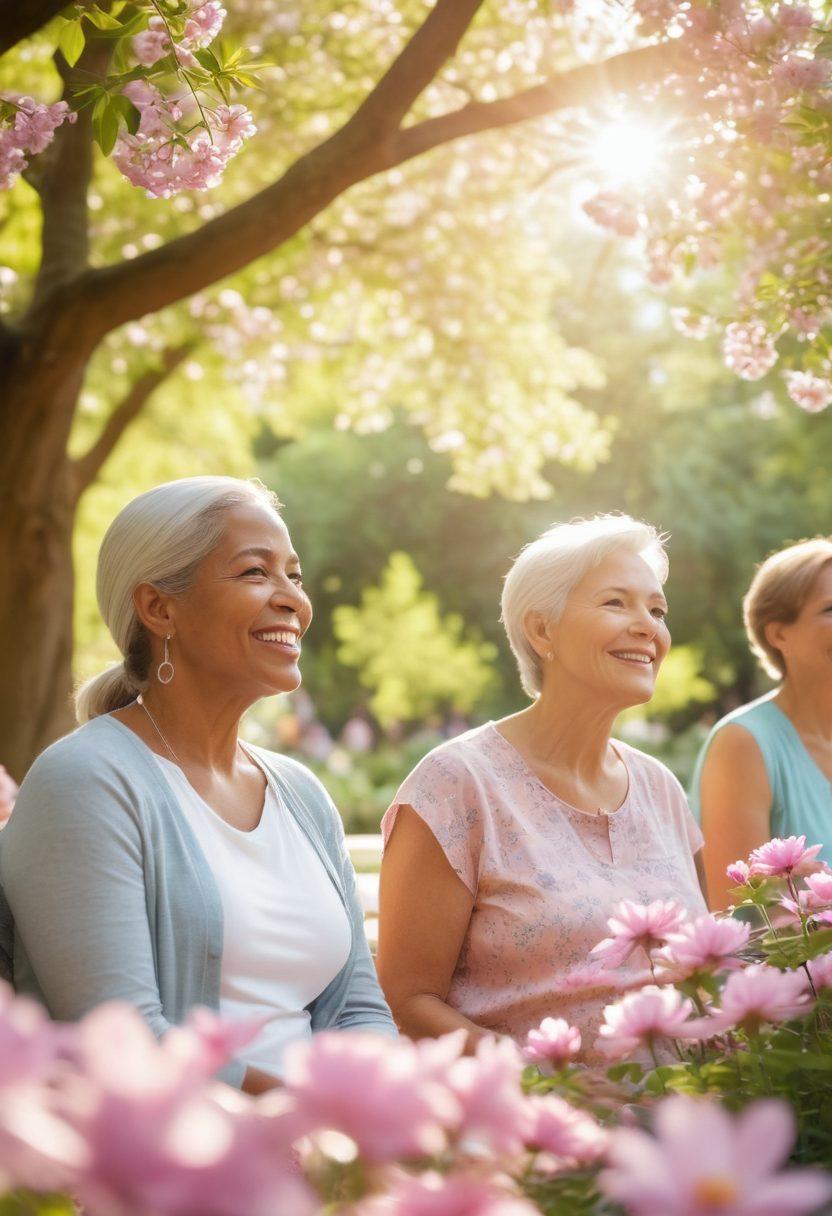 A diverse group of oncology survivors sharing stories in a sunlit park, surrounded by blooming flowers and trees, symbolizing hope and resilience. Include visible expressions of joy and support among them, with soft rays of sunlight filtering through the leaves, creating a warm atmosphere. The background should depict a serene landscape while maintaining focus on the group. pastel colors. soft focus. vibrant details.