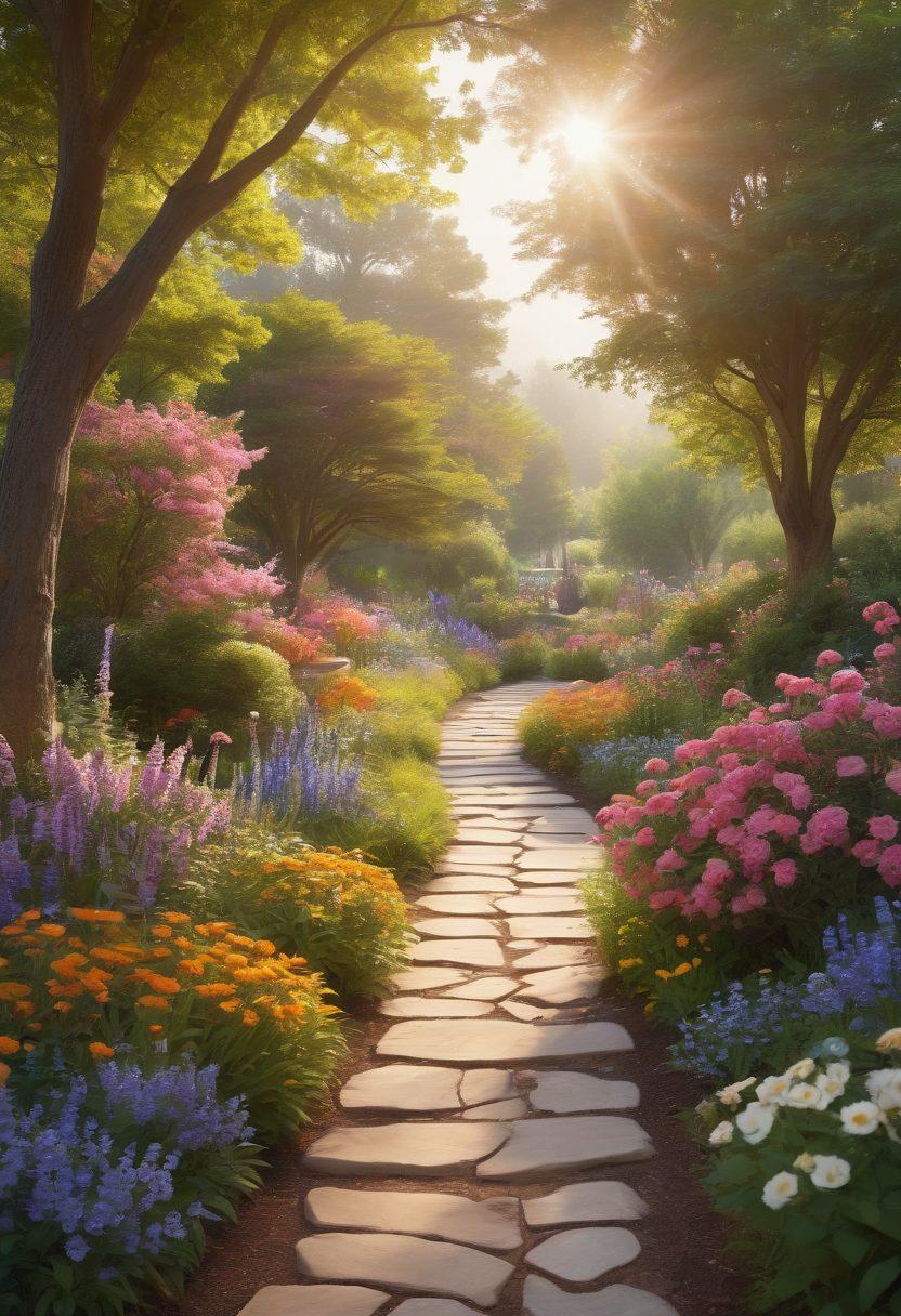 A serene landscape symbolizing hope and resilience, featuring a winding path leading through a tranquil garden filled with blooming flowers and butterflies. Include silhouettes of diverse individuals (oncology experts and cancer survivors) sharing supportive conversations along the path. Soft sunlight breaking through trees, casting a warm glow on the scene. Represent the emotional journey with a gentle color palette. super-realistic. vibrant colors. 3D.